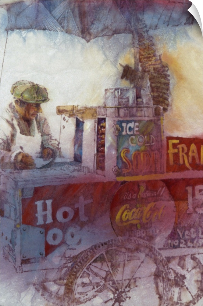 A contemporary painting of a man standing at a hot dog vendor.