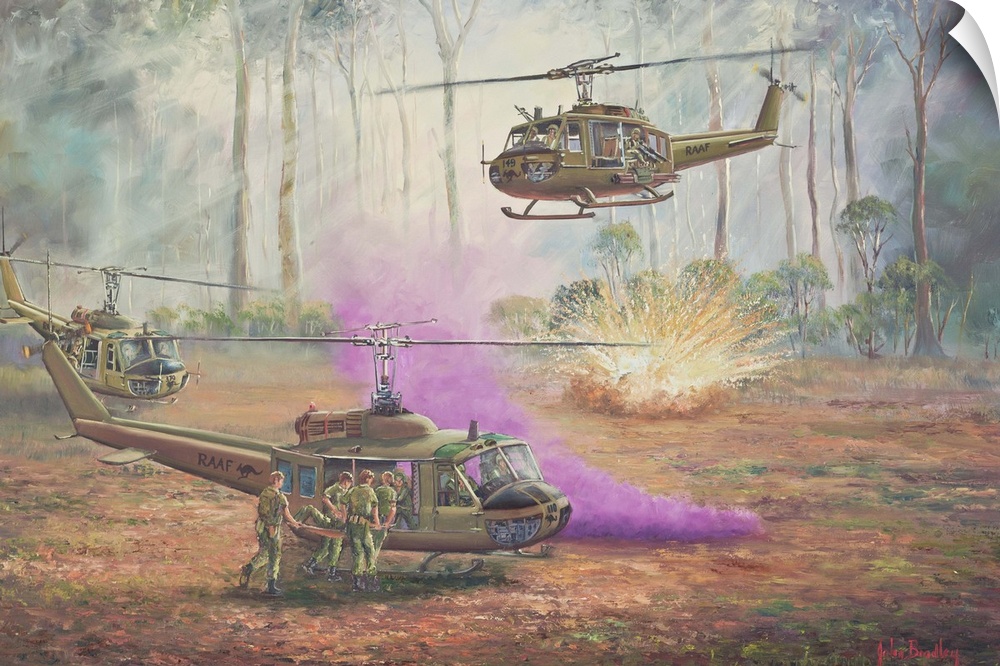 Contemporary painting of military helicopters in the heat of battle.