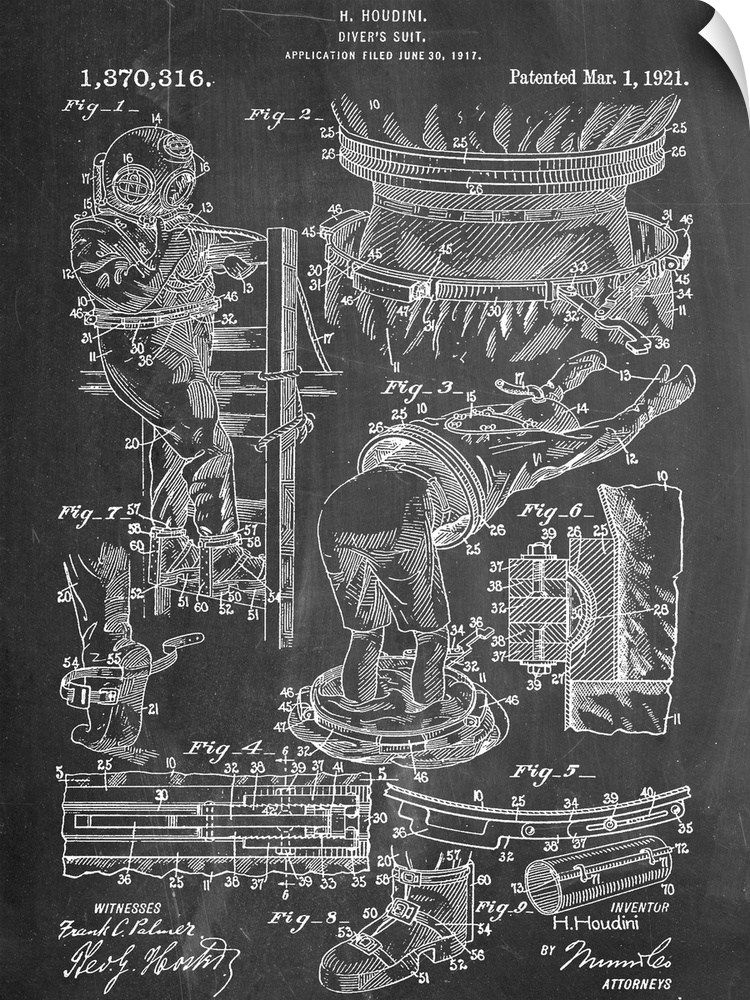 Black and white diagram showing the parts of a diving suit.