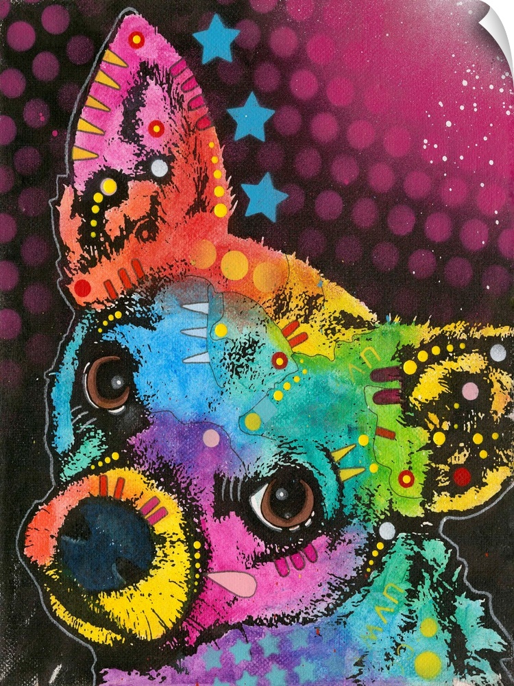 Colorful painting of a small dog with abstract designs all over.