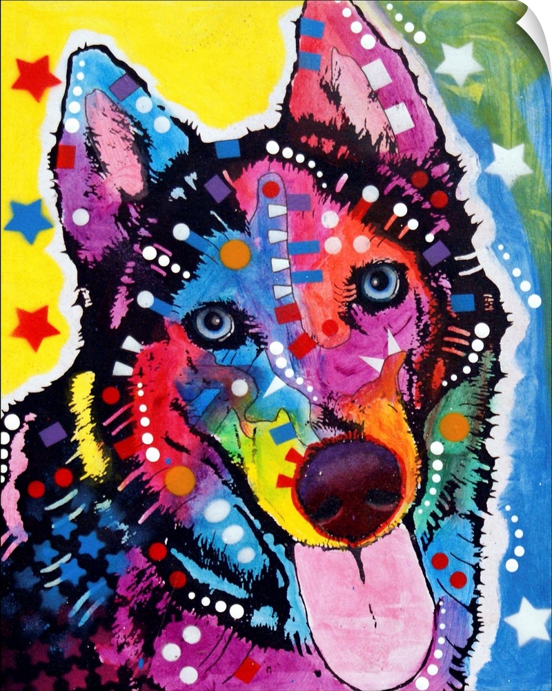 Contemporary stencil painting of a husky filled with various colors and patterns.