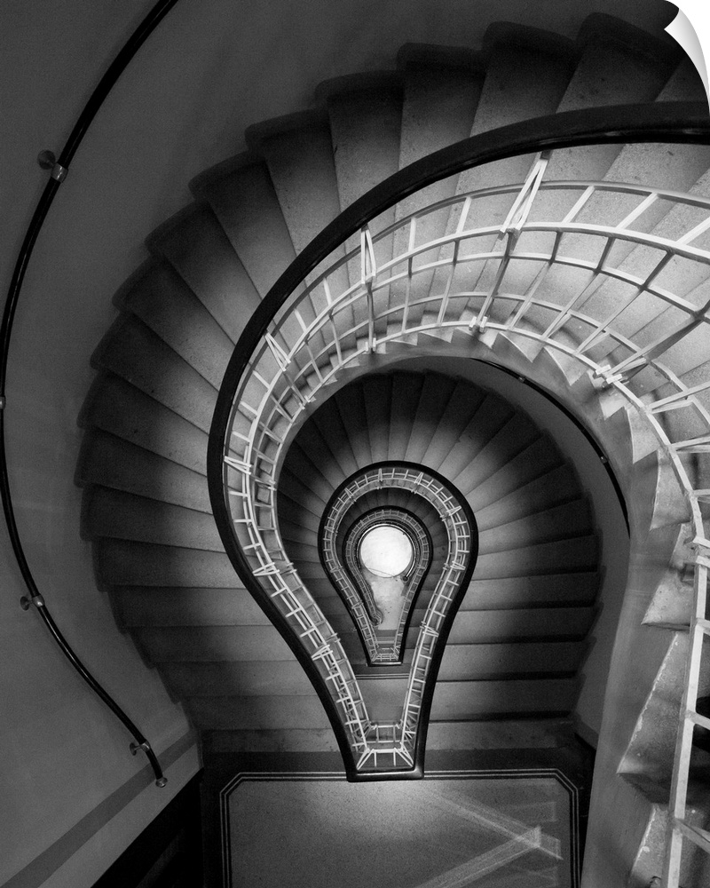 black and white photograph, stairs, spiral staircase, lightbulb