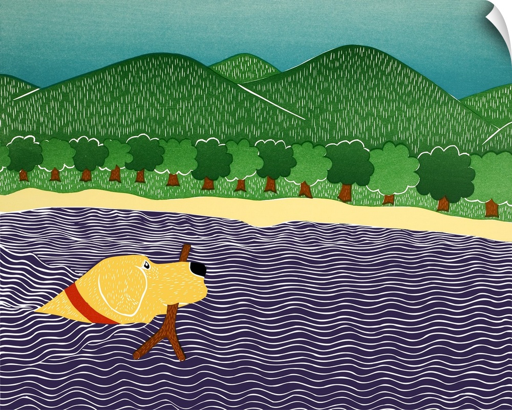 Illustration of a yellow lab swimming in water with a stick in its mouth and rolling green hills in the background.