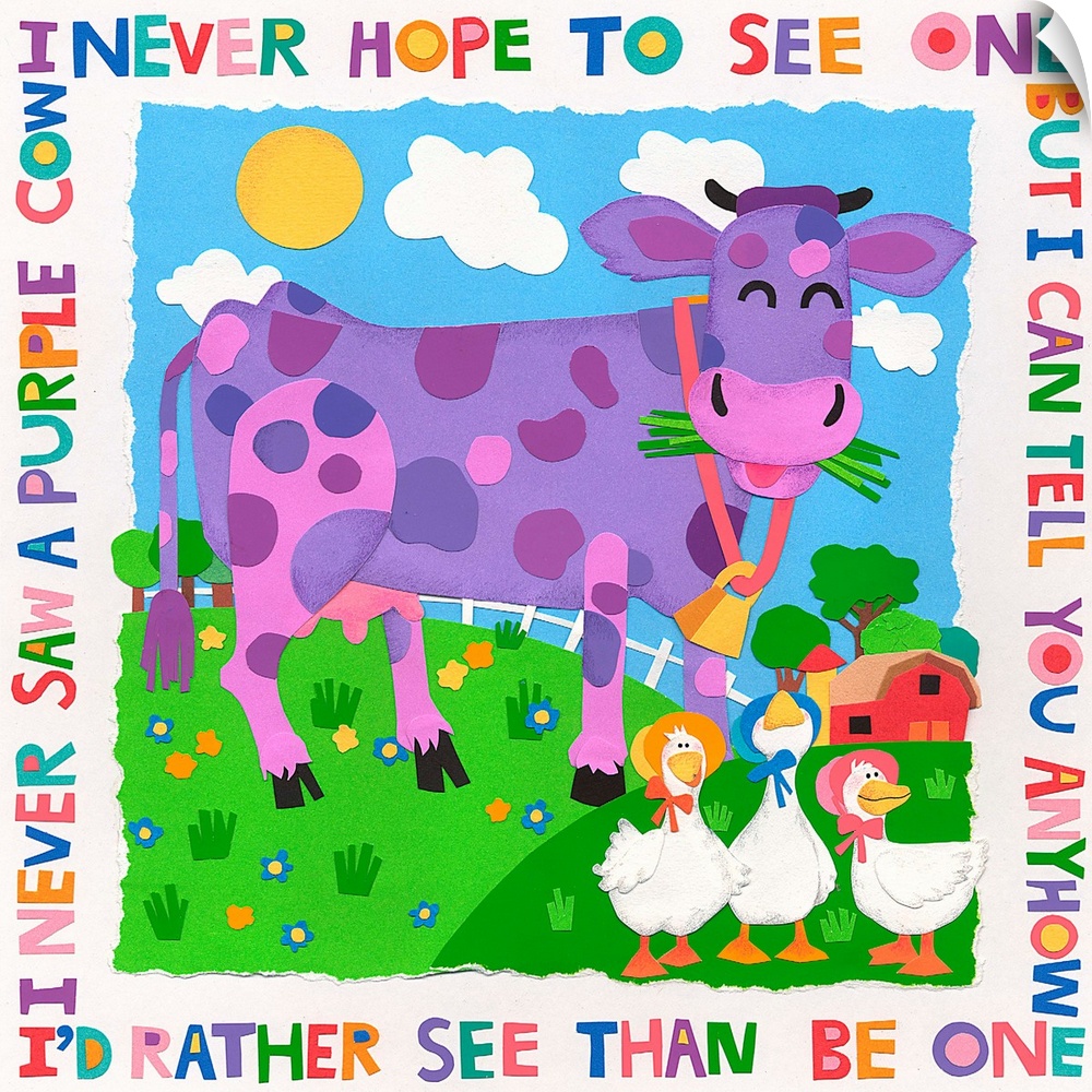 A purple cow with three ducks with a nursery rhyme around the border.