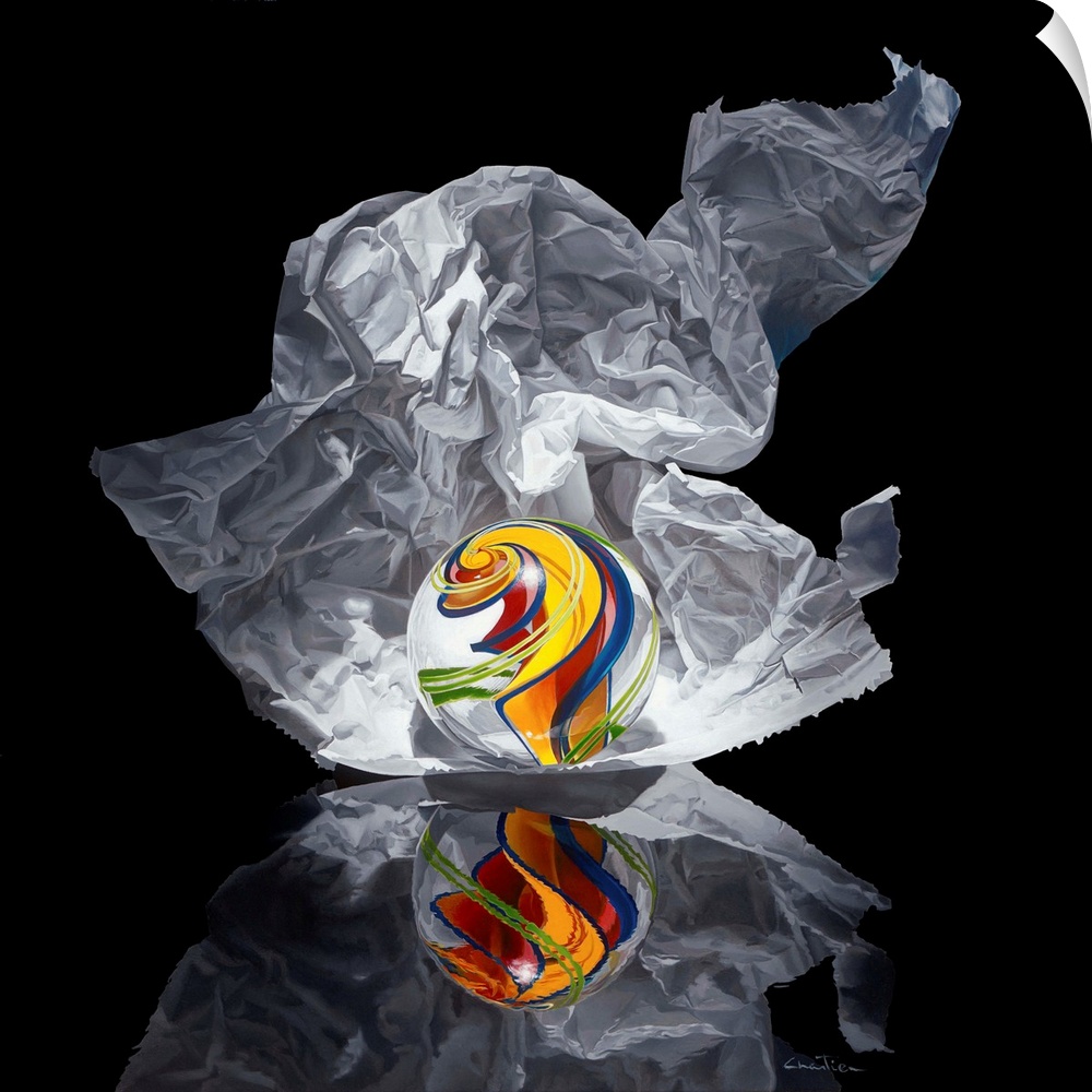 Contemporary vivid realistic still-life painting of a marble with a swirl of color inside it with a crumpled piece of shee...