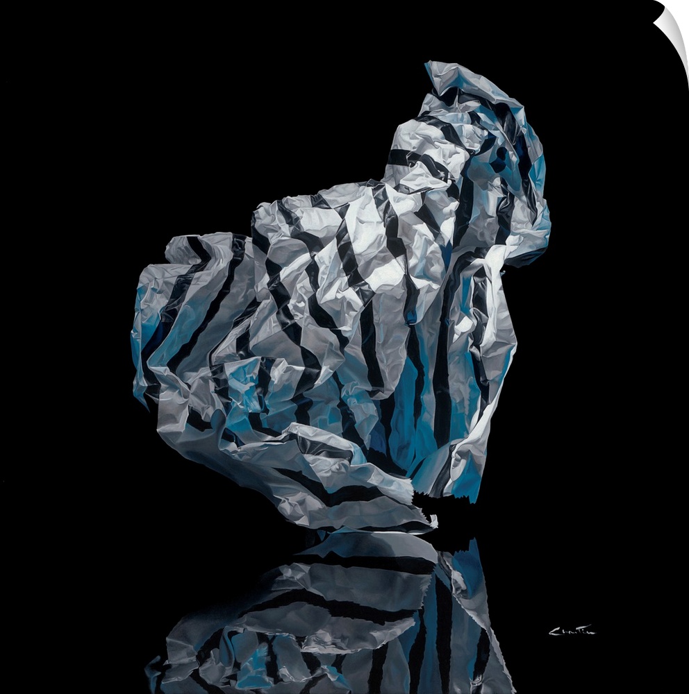 Contemporary vivid realistic still-life painting of a crumpled up piece of black striped tissue paper, on top of a reflect...