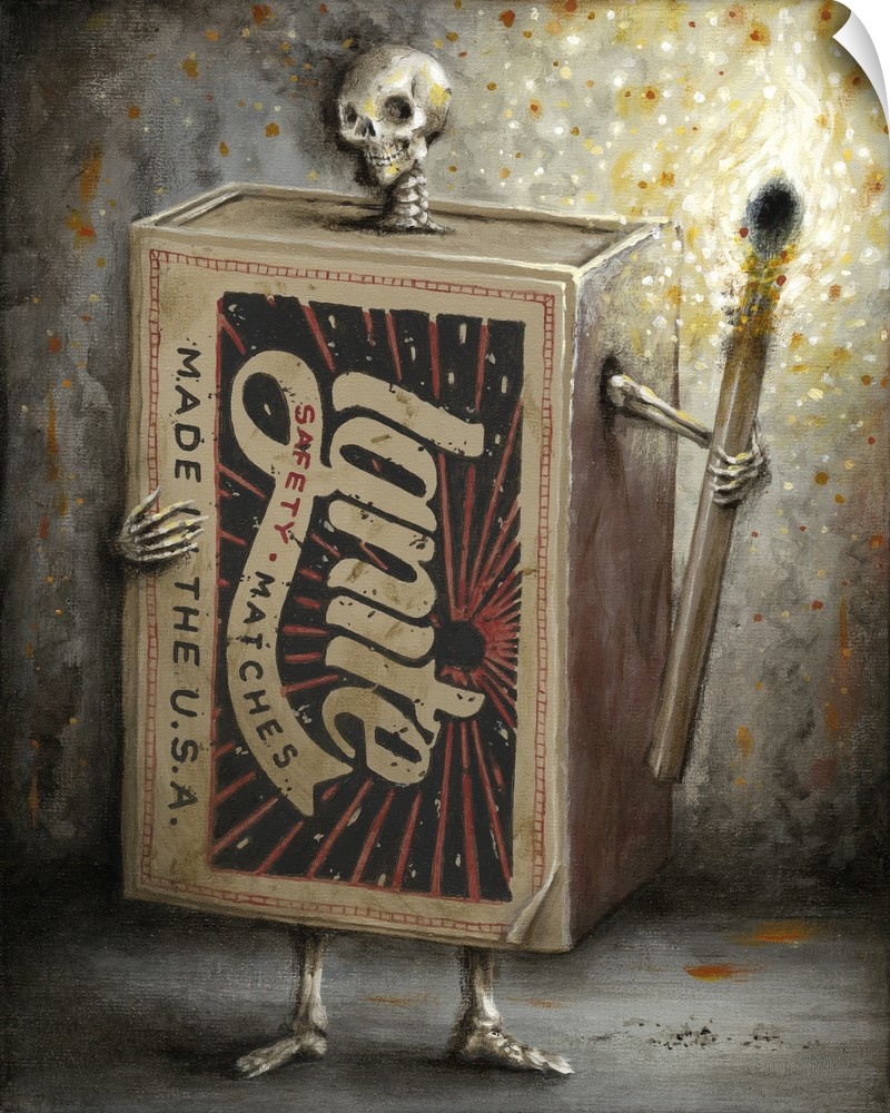 Surrealist painting of a human skeleton wearing a matchbox and holding a lit match.