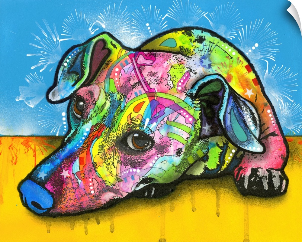 Contemporary painting of a colorfully designed scent hound lying on a yellow floor with a blue background and white spray ...