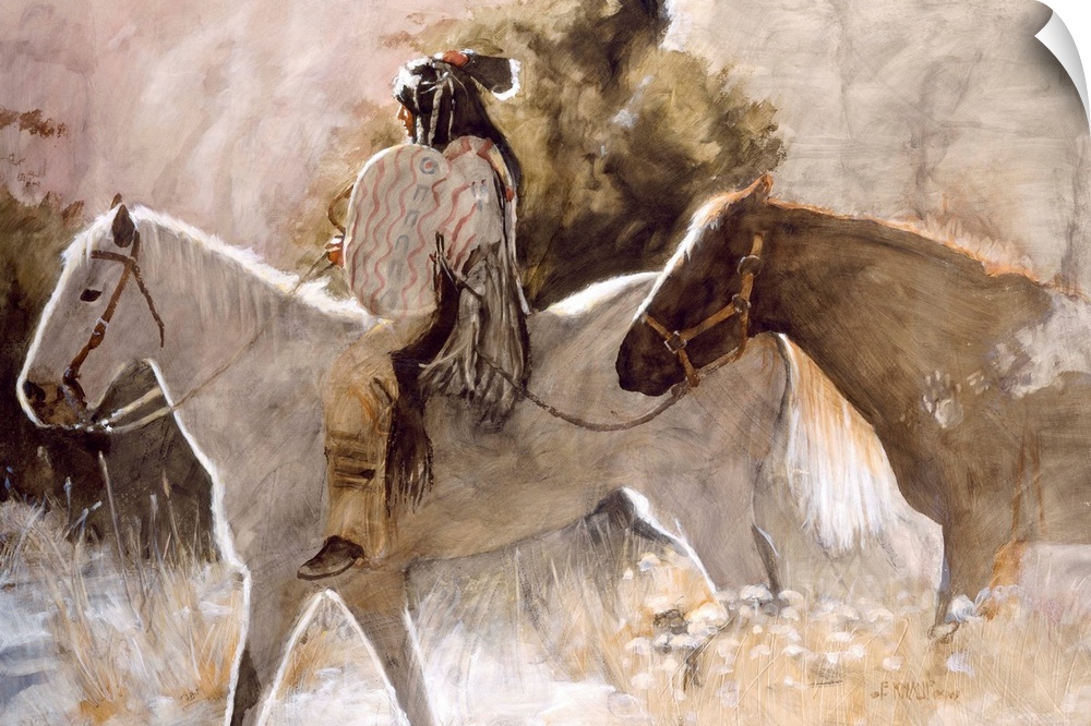 Contemporary western theme painting of a native American man on horseback.