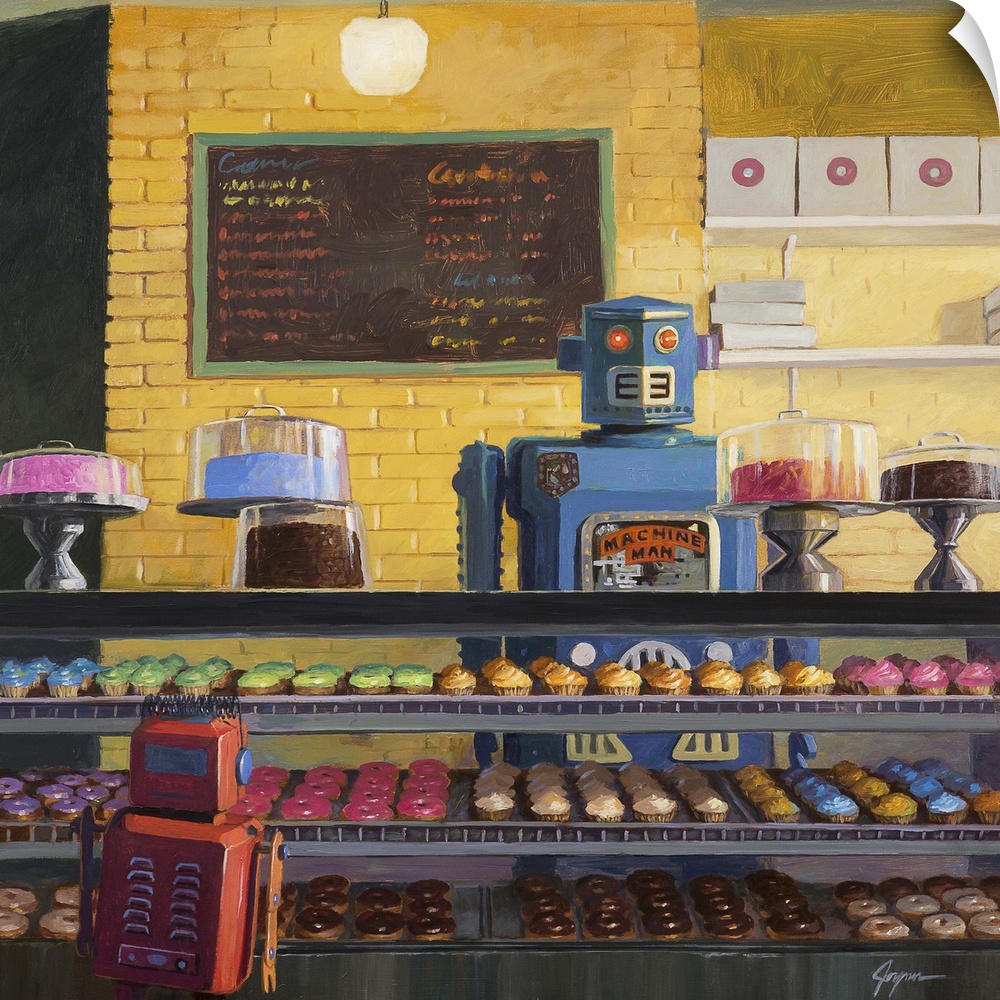 A contemporary painting of a blue retro toy robot standing behind the counter of a donut shop while a small red robot deci...