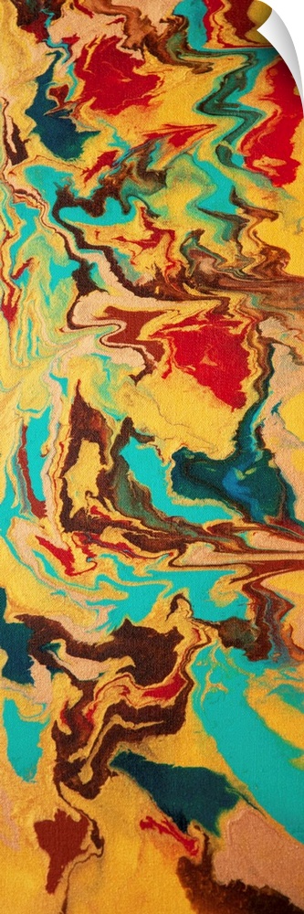 Contemporary abstract painting in turquoise, brown, gold, and red.