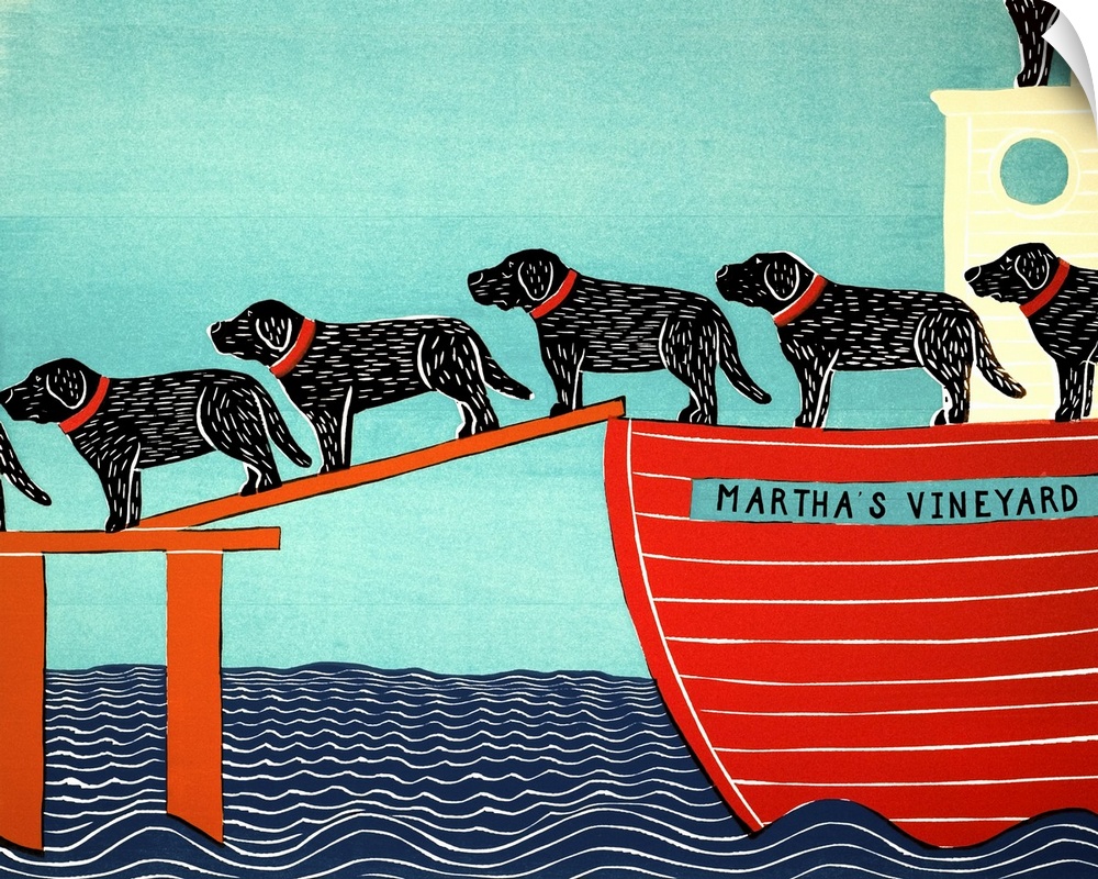 Illustration of a pattern of black and chocolate labs walking off of a Martha's Vineyard ferry.