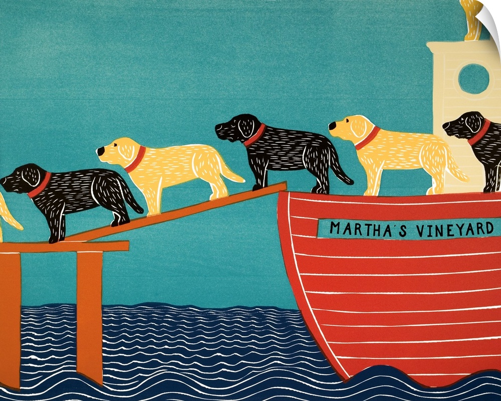 Illustration of a pattern of black and chocolate labs walking off of a Martha's Vineyard Ferry.
