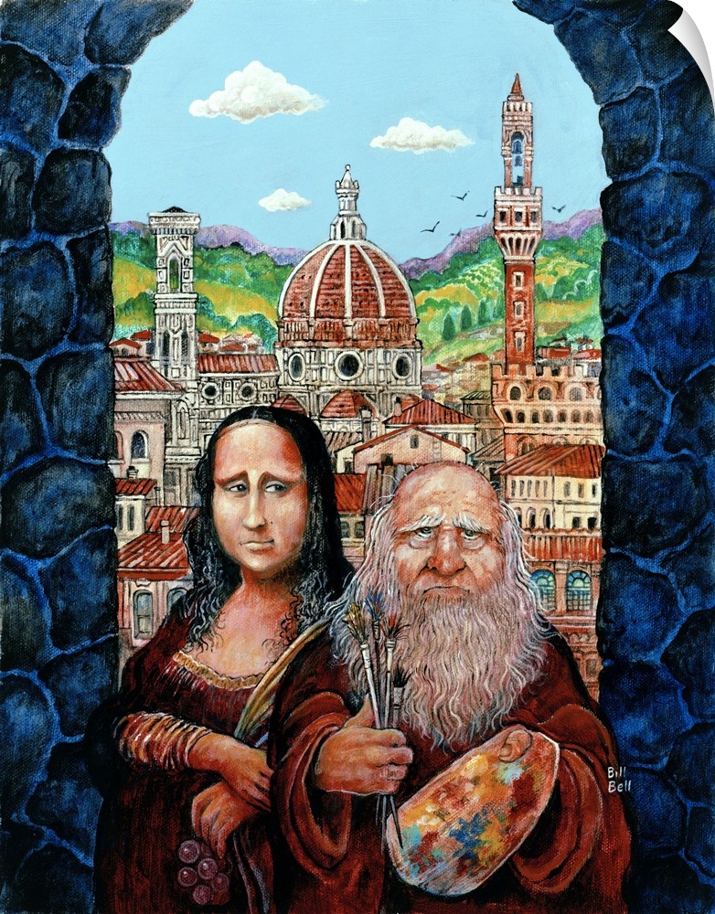 Mona Lisa and Da Vinci. duomo in and medieval city in background
