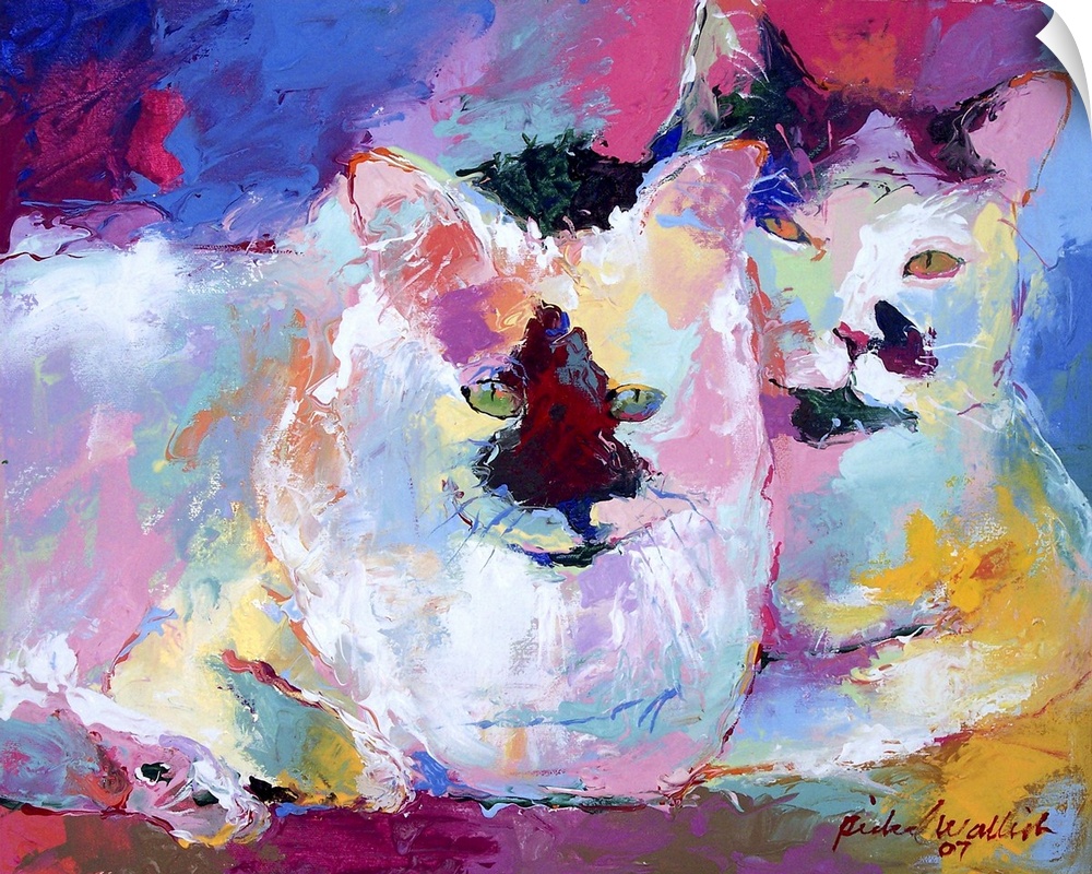 Contemporary vibrant colorful painting of two white cats laying together.