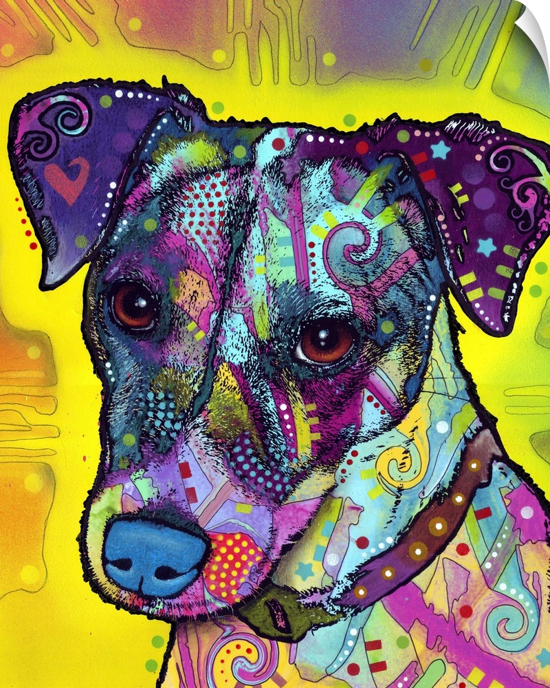 Pop art style painting of a Jack Russel with abstract designs.