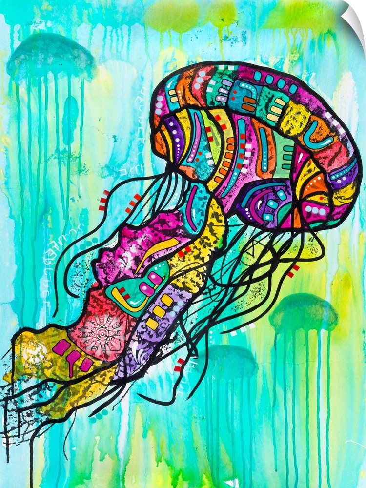 Contemporary stencil painting of a jellyfish filled with various colors and patterns.