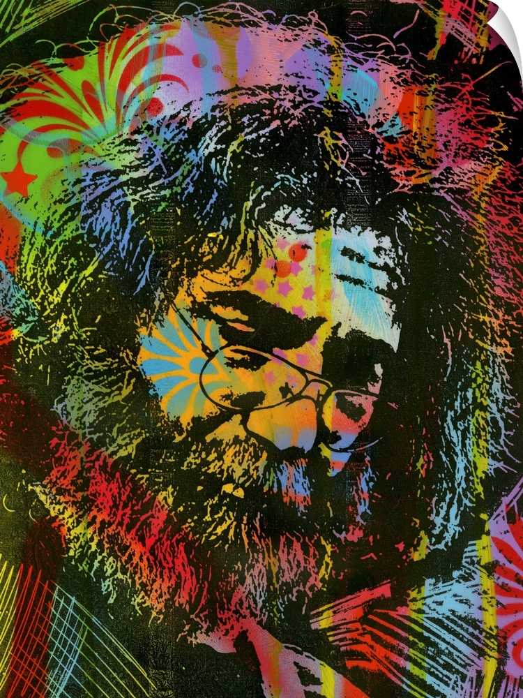 Busy illustration of Jerry Garcia with a colorful graffiti style overlay.