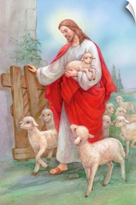 Jesus in a red robe with a flock of sheep
