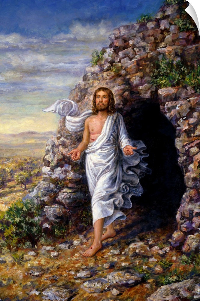 Jesus, resurrected, emerges from the tomb.