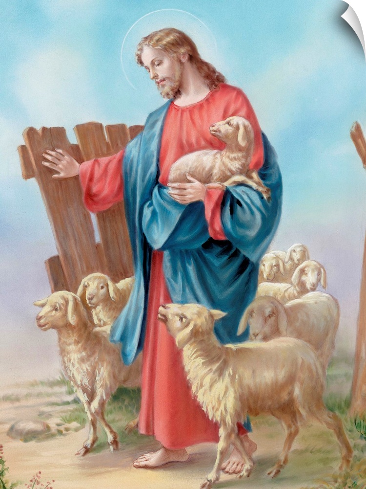 Jesus with a herd of sheep.