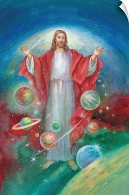 Jesus with his arms open wide and the planets all around him