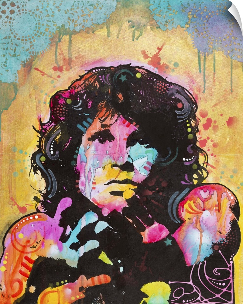 Pop art style illustration of Jim Morrison with colorful graffiti designs and markings.
