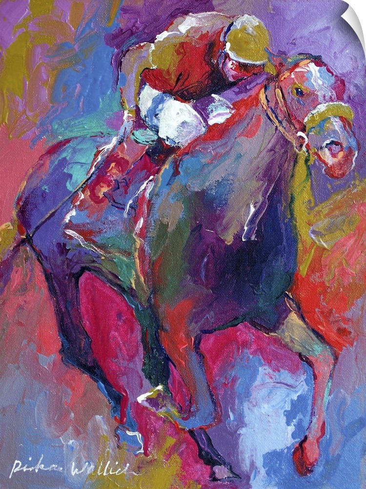 Contemporary colorful painting of jockeys riding horses in a race.