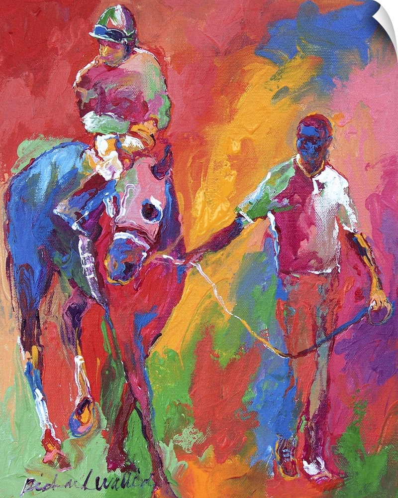 Contemporary colorful painting of a jockey on horseback being led.