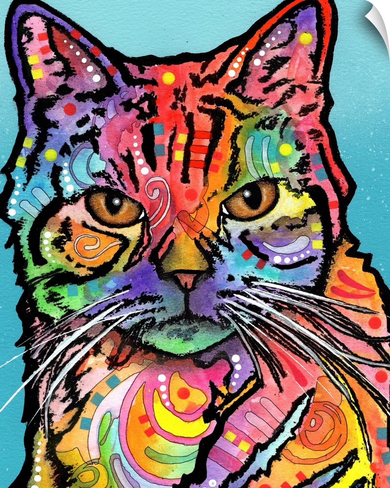 Colorful illustration of a cat with graffiti-like markings on a blue background.