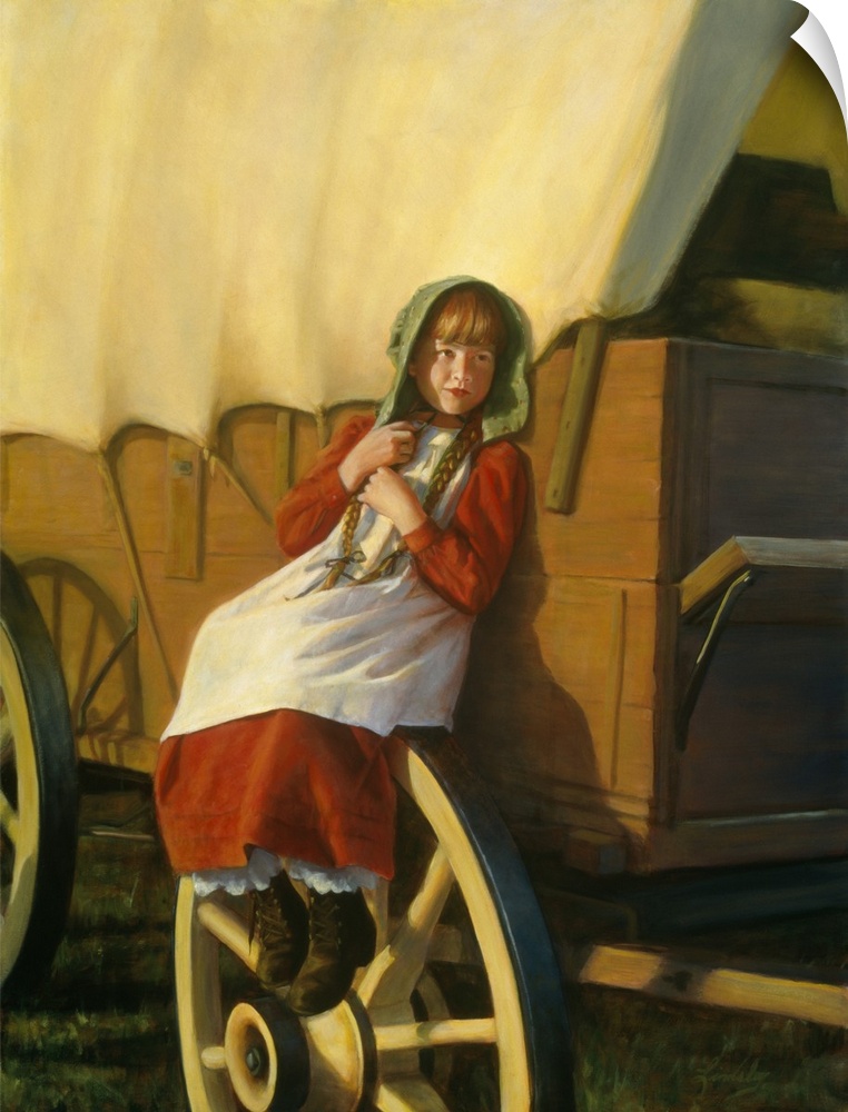 Pioneer girl sitting by a covered wagon.