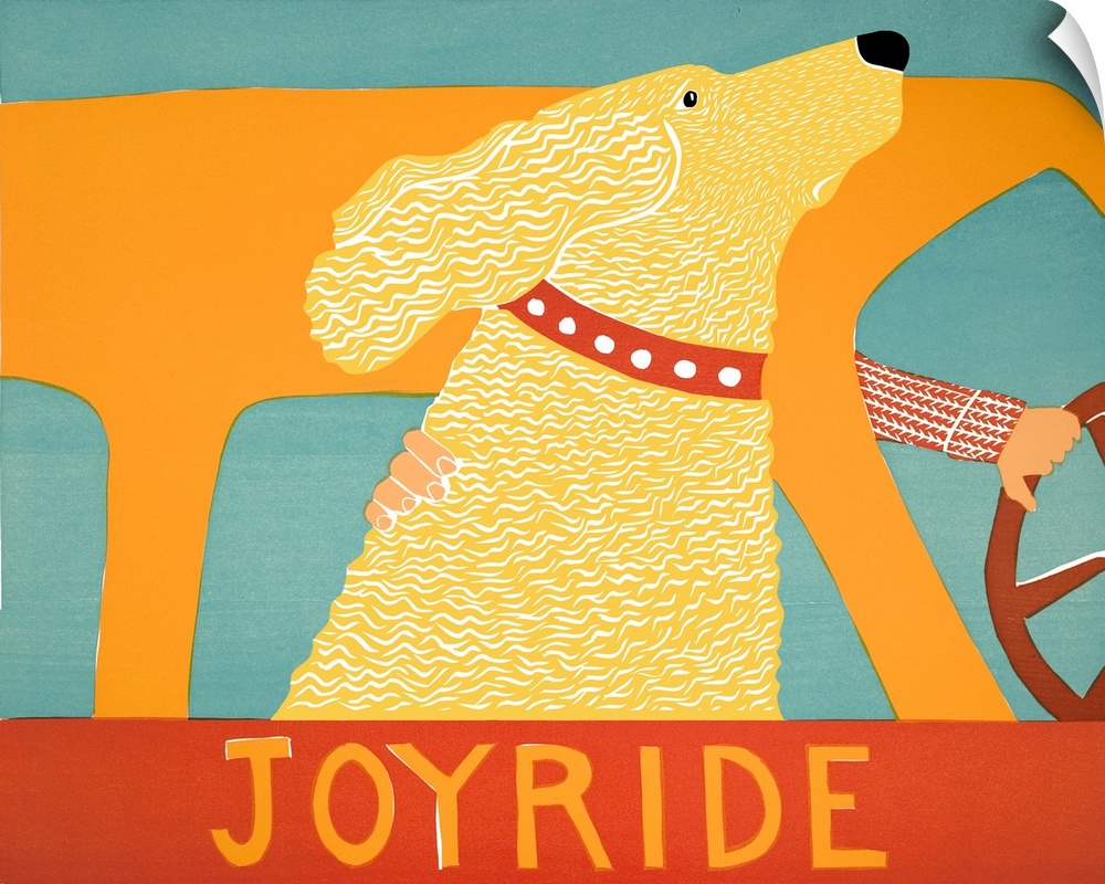 Illustration of a yellow lab riding in a car with its head out of the window and the phrase "Joyride" written at the bottom.
