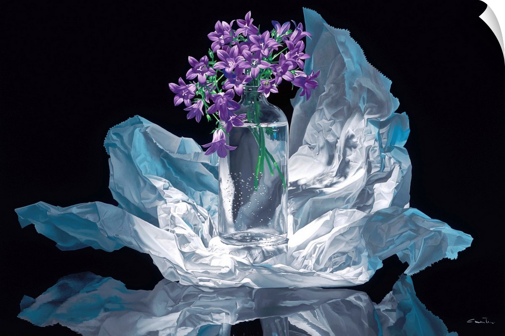 Contemporary vivid realistic still-life painting of a clear glass vase holding purple flowers, while sitting on top of a c...