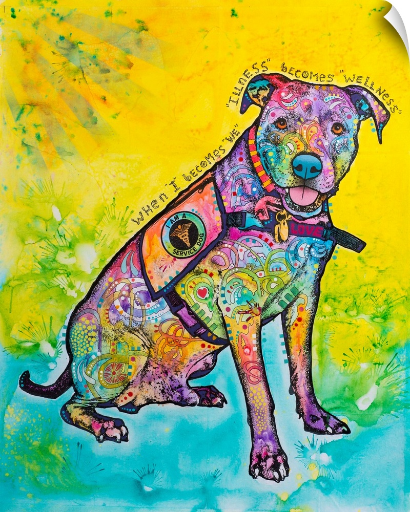 "When I Becomes "We" "Illness" Becomes "Wellness" handwritten around a colorful dog wearing a service vest on a blue and y...
