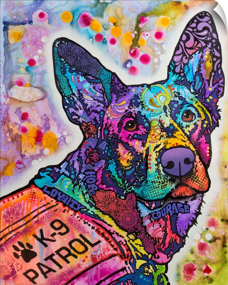 Pop art style painting of German Shepard dog with abstract designs wearing a K-9 Patrol vest.
