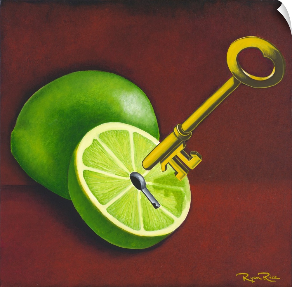 Square pun painting of two limes and a golden key with the pi symbol on the end (key lime pi - key lime pie)