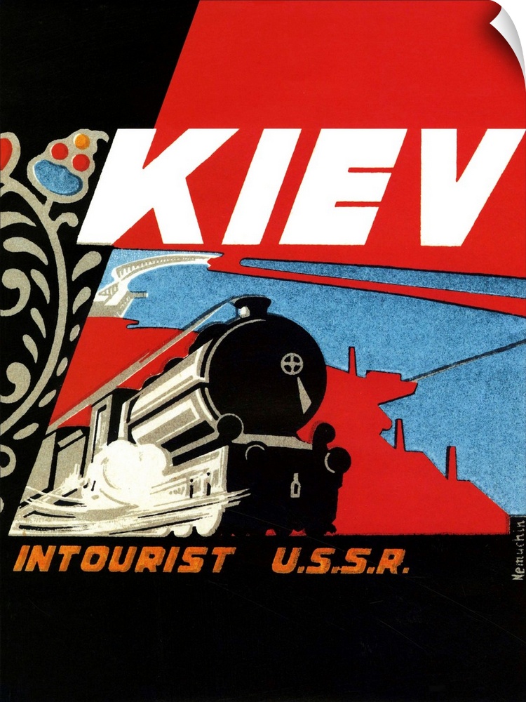 Vintage travel advertisement for rail travel to Kiev.