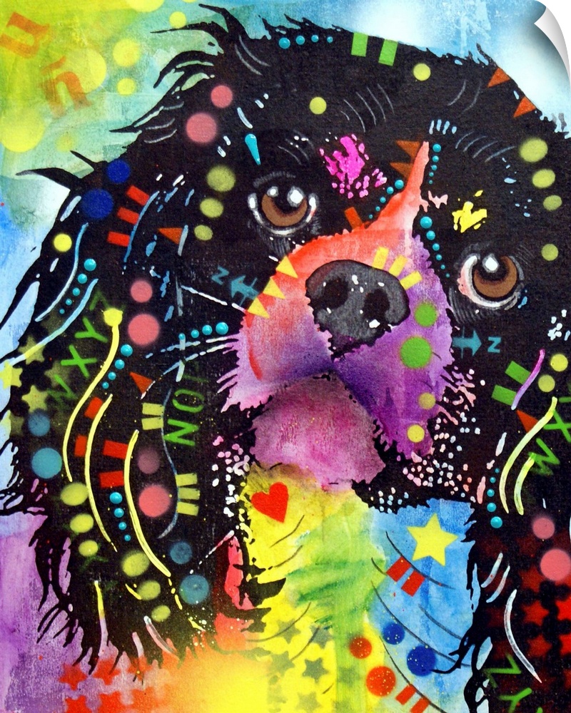 Contemporary stencil painting of a king charles spaniel filled with various colors and patterns.