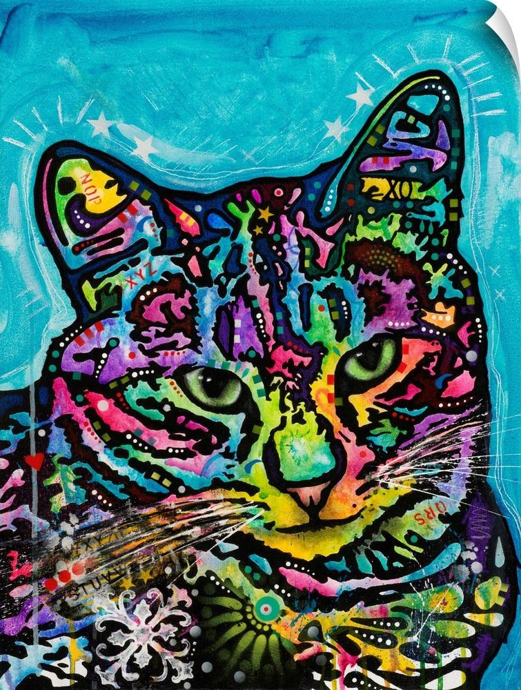 Colorful painting of a cat named Kismet covered in abstract markings on a blue background.