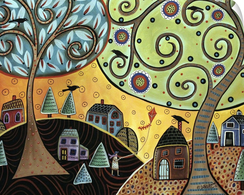 Contemporary painting of a woman flying a kite under two large trees with curly branches in a little village.