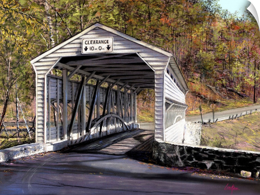 Contemporary scenic painting of a covered bridge.