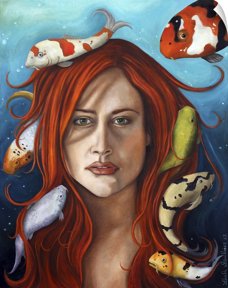 Surrealist painting of a woman with red hair with koi swimming all around her.