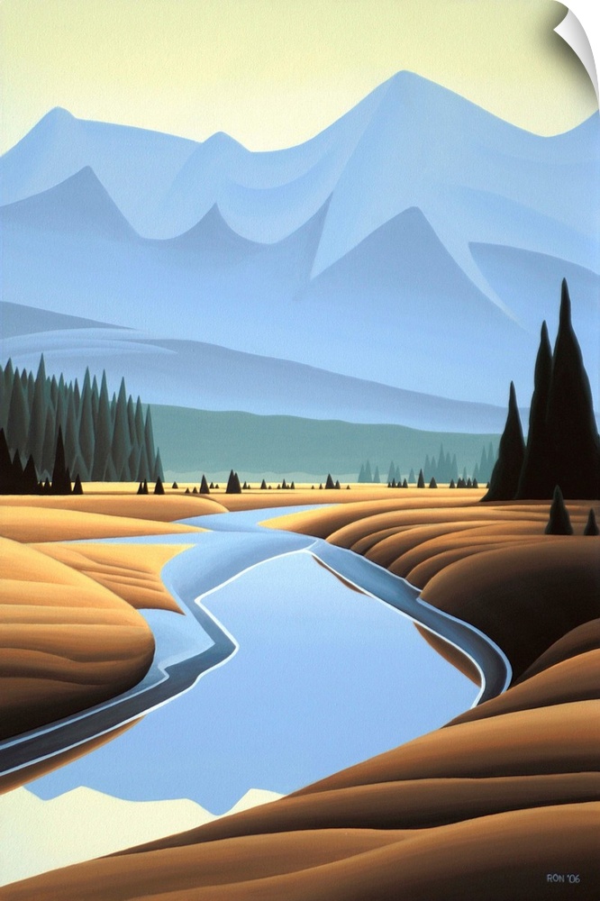 Contemporary painting of mountain scape, with a river in the foreground.