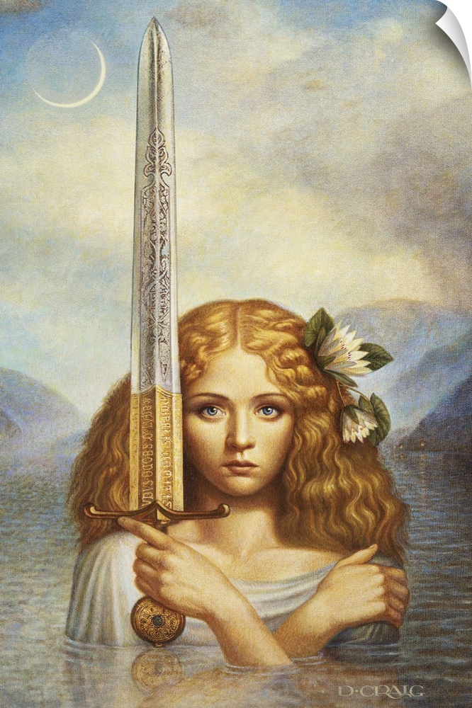 The lady of the lake emerges from a lake holding the sword Excalibur.