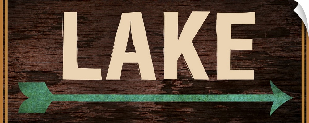 Dark wooden sign with a teal arrow, 2 orange lines on each side, and the word "Lake" written across it.