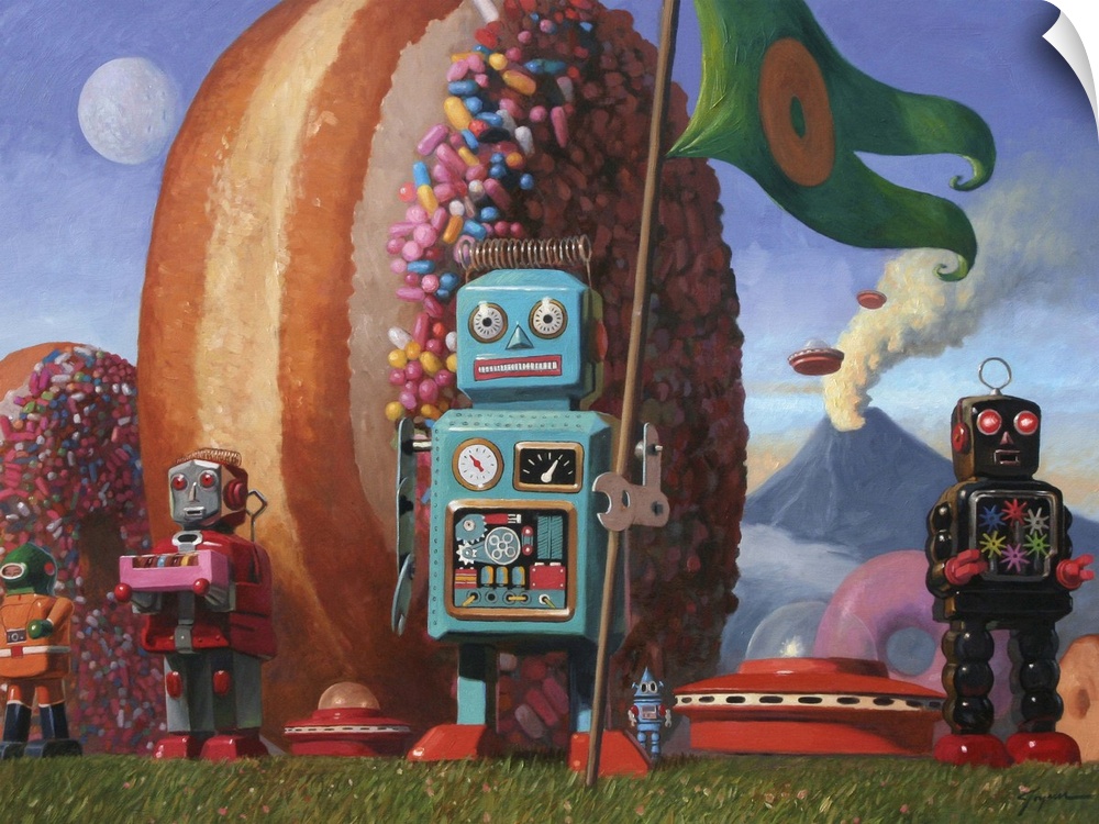 A contemporary painting of a blue retro toy robot holding a green flag with a donut on it while giant sprinkle donuts stan...