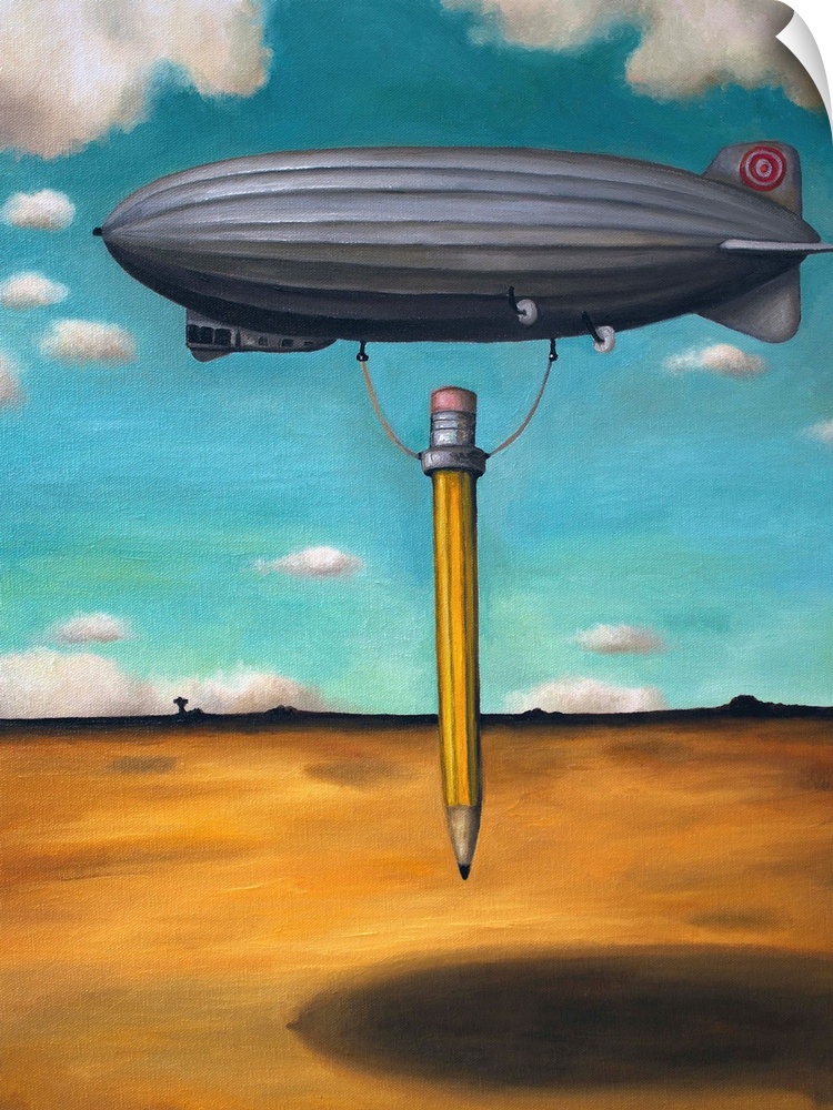 Surrealist painting of a zeppelin carrying a pencil above an arid desert landscape.