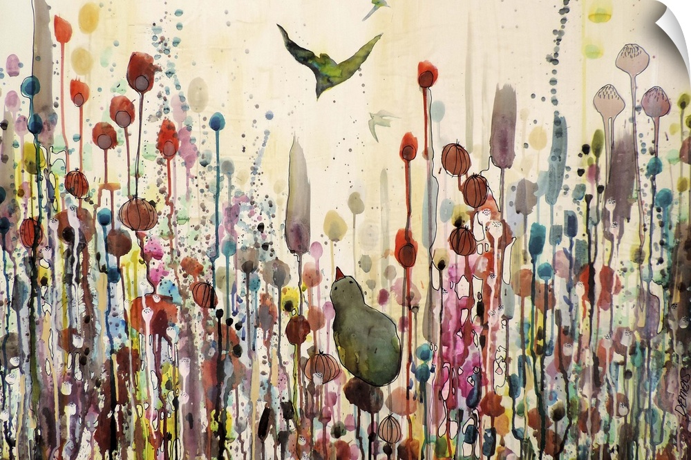 Contemporary painting of a bird against a colorful background.