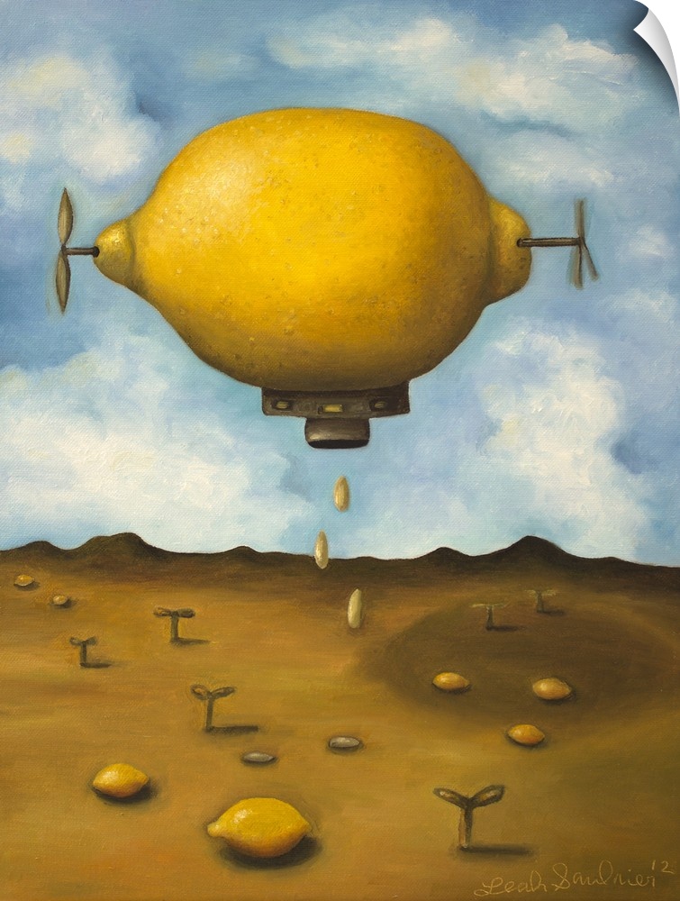 Surrealist painting of a lemon zeppelin above a desert landscape.