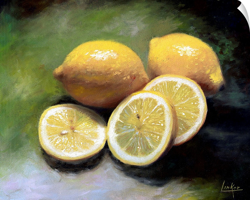 Painting of lemons, sliced and whole, on a green background.